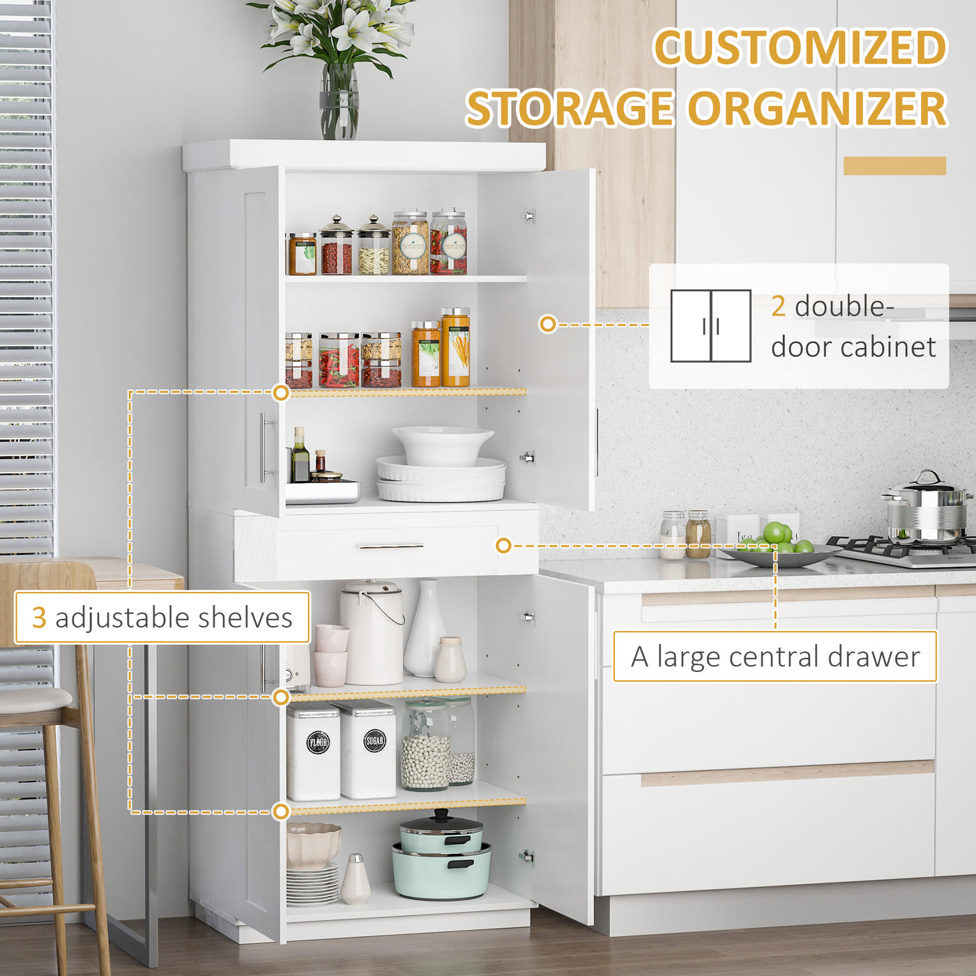 72" Storage Cabinet, Freestanding Kitchen Pantry Cabinet with 4 Doors, Drawer and 3 Adjustable Shelves, White