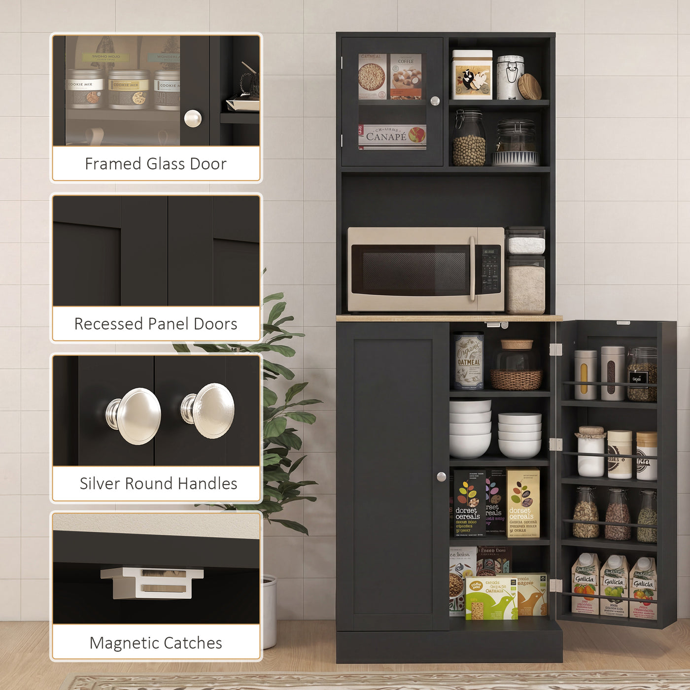 66.5" Tall Kitchen Pantry Cabinet, Kitchen Hutch, Microwave Cabinet with Adjustable Shelves for Dining Room, Black