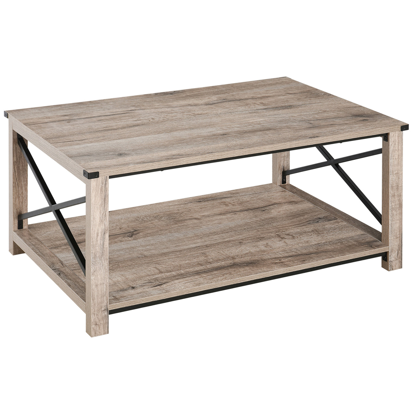 Industrial Coffee Table, Cocktail Table with Bottom Storage Shelf, Metal X-Bar for Living Room Bedroom