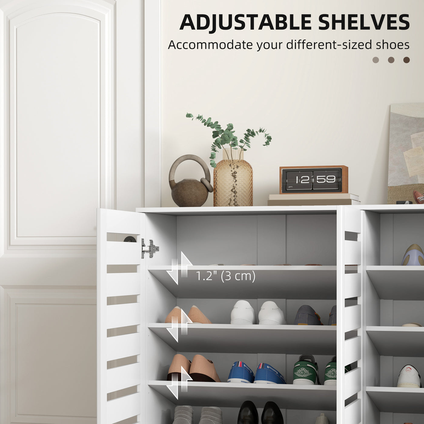 Narrow Shoe Cabinet with Slatted Doors, Adjustable Shelves for 20 Pairs of Shoes, Shoe Cabinet for Entryway, White