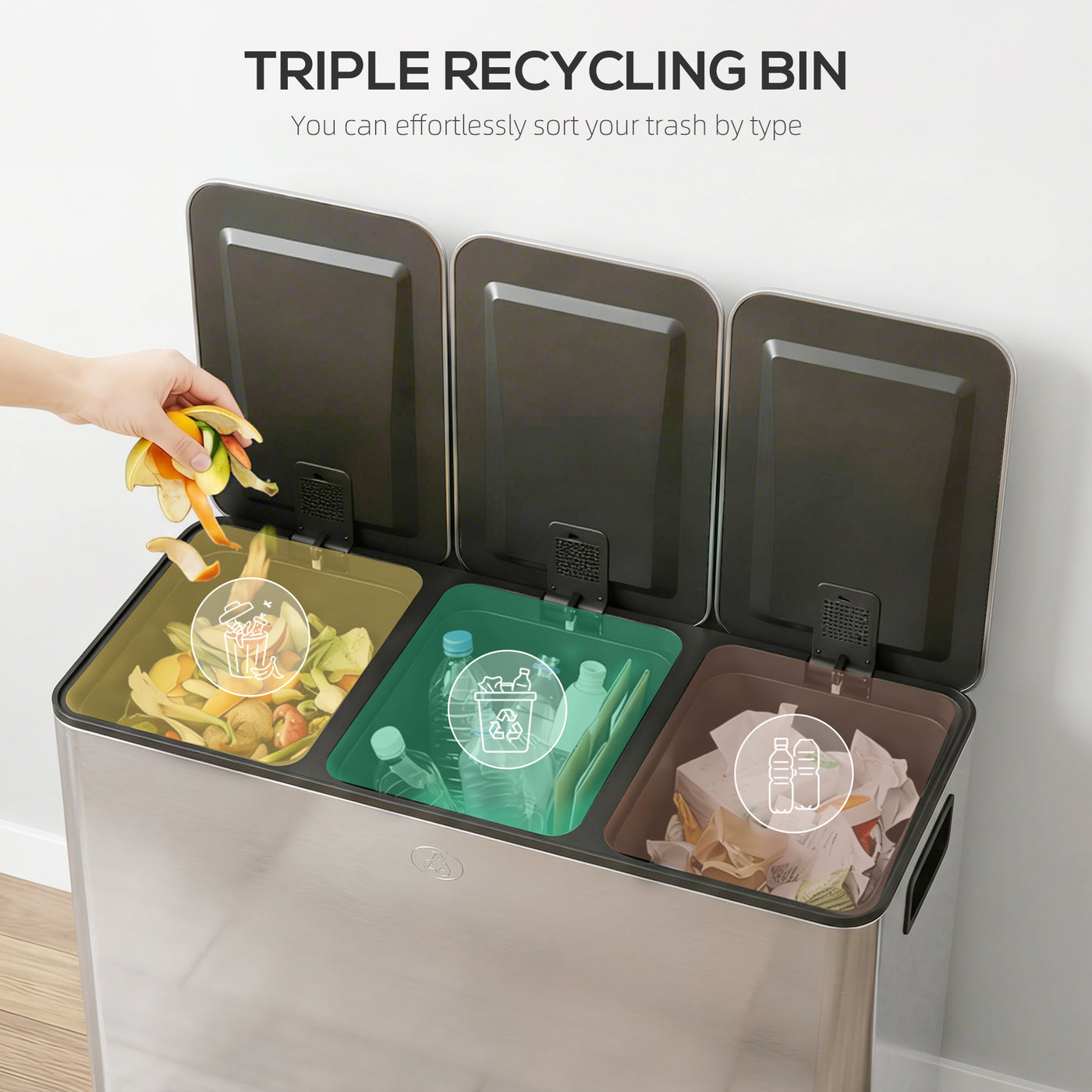 Garbage Bin, Soft-Close Trash Can with Foot Pedal, 3x5 Gallon (3x20 L) Garbage Can with Removable Inner Buckets, Silver