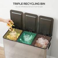 Garbage Bin, Soft-Close Trash Can with Foot Pedal, 3x5 Gallon (3x20 L) Garbage Can with Removable Inner Buckets, Silver