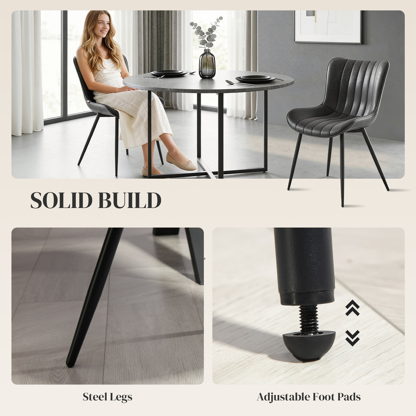 Dining Chairs Set of 2, PU Leather Upholstered Kitchen Chairs with Backrest and Steel Legs, Black