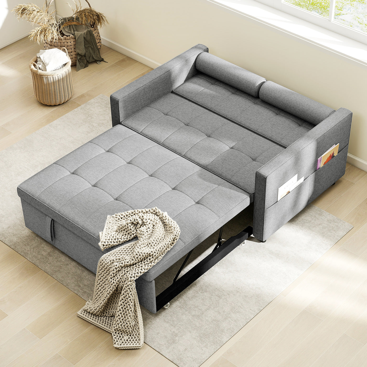Pull Out Sofa Bed, Sleeper Sofa Couch with USB Ports, Small Linen Loveseat Futon Couch for Living Room, Grey
