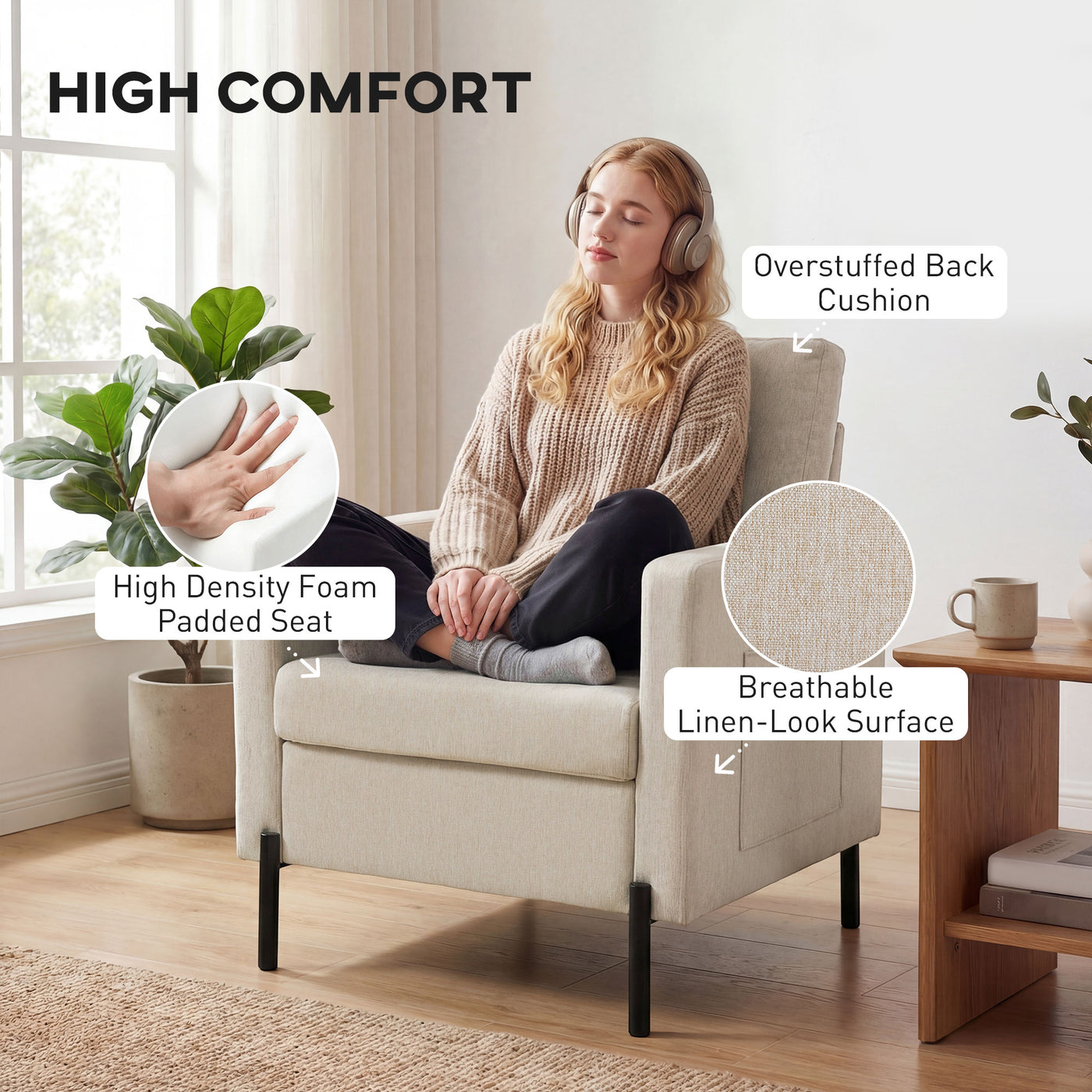 Accent Chair Modern Upholstered Armchair with Side Pockets and Cushion for Bedroom, Living Room, Beige