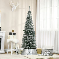 6ft Flocked Christmas Tree, Pencil Christmas Tree with Realistic Branch Tips, Folding Metal Stand, Green