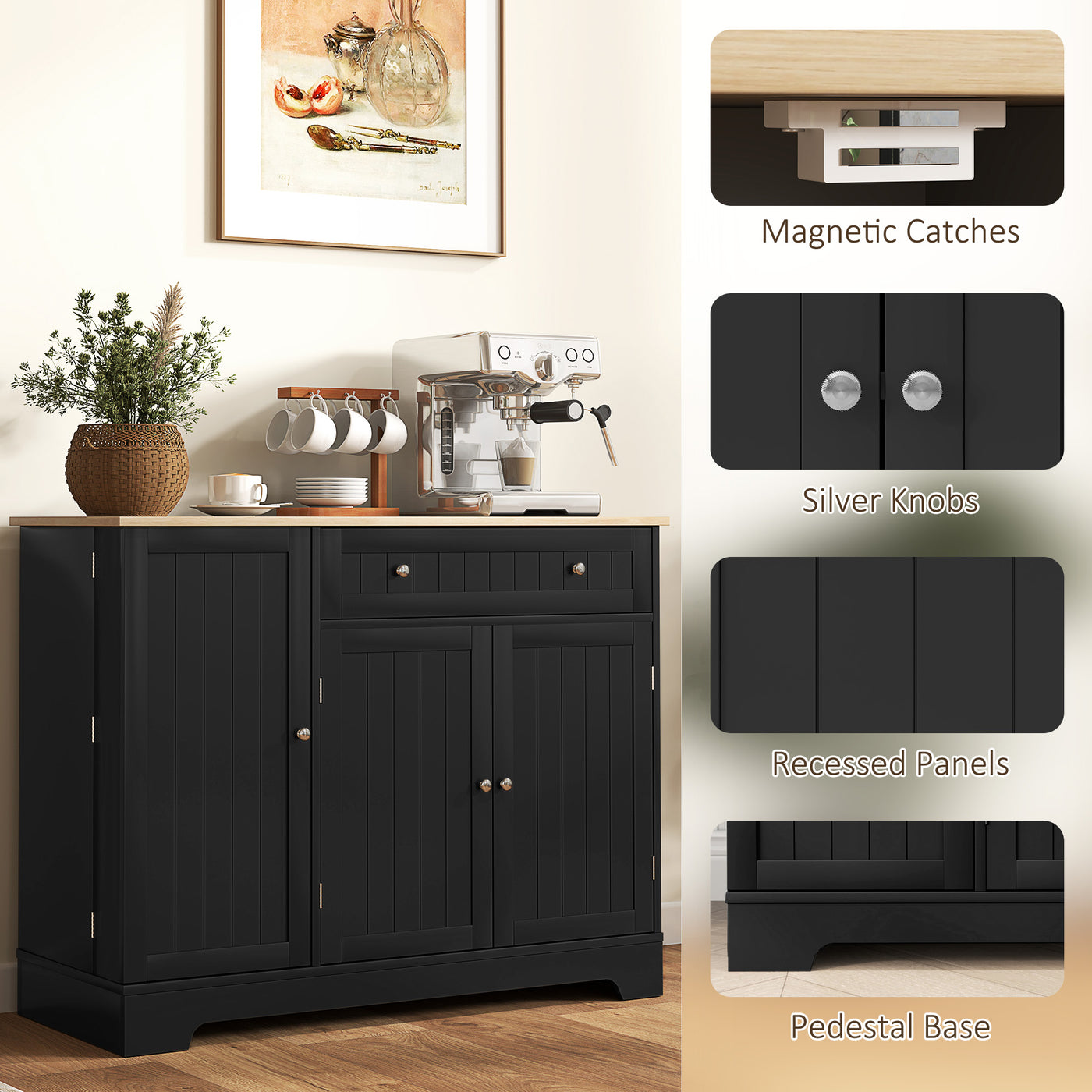 Modern Sideboard Cabinet, 41" Kitchen Buffet Cabinet with Drawer, Adjustable Shelf, 3 Doors for Dining Room, Black