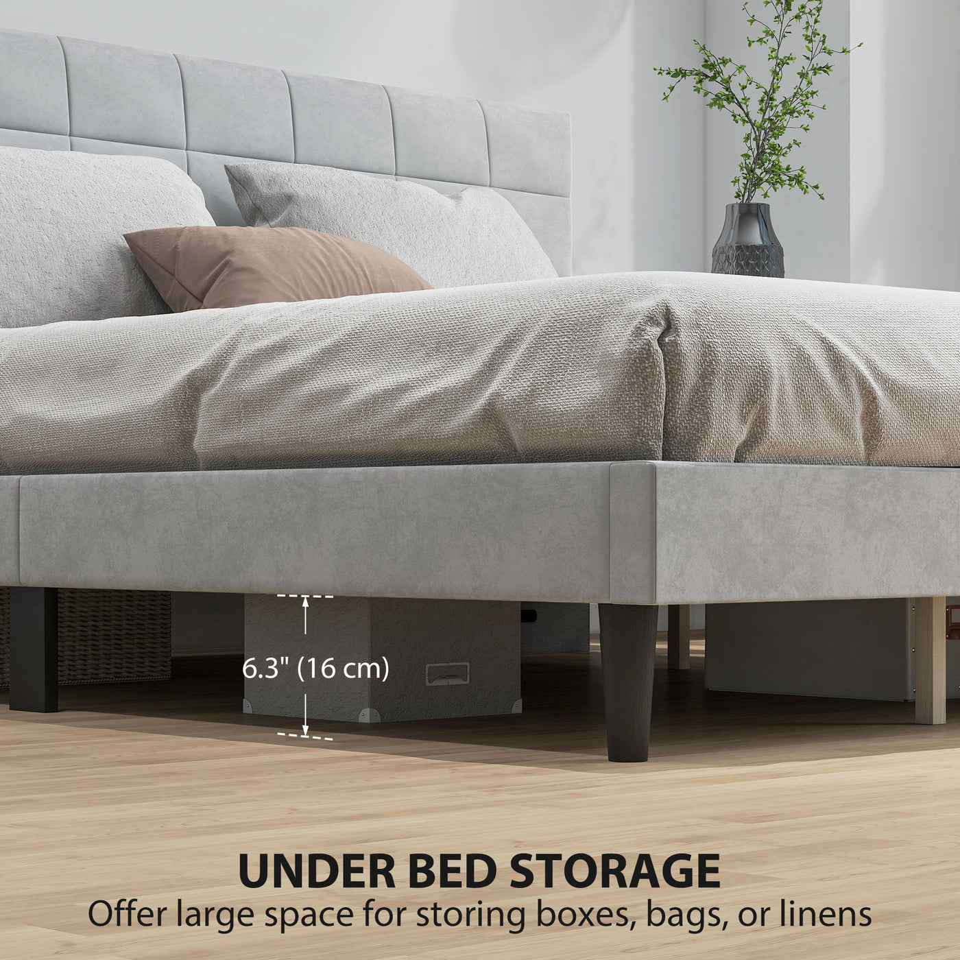 King Size Bed Frame with Upholstered Headboard, Modern Platform Bed Frame with Wood Slats, 1100 lbs Capacity, Grey