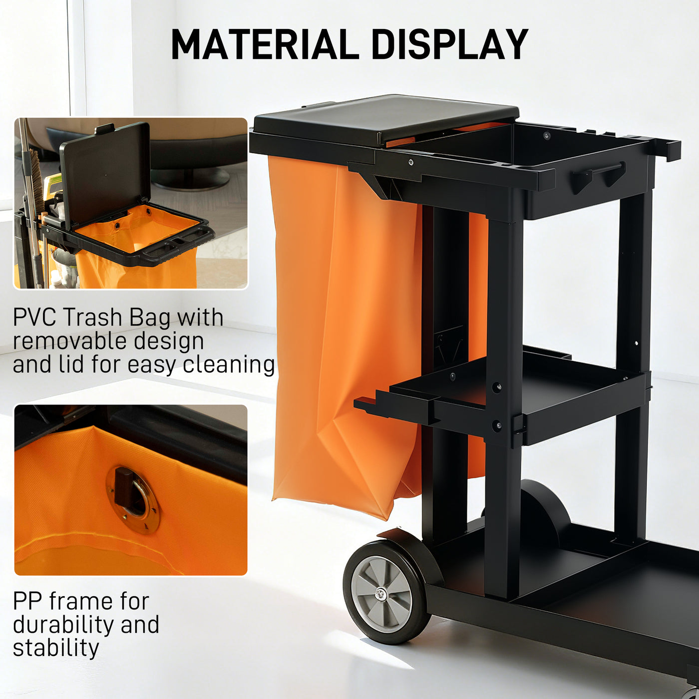 Commercial Janitorial Cart with 3 Tier Shelves, Cleaning Cart with Rubbish Bag and Mop Mount for Hotel Restaurant, Black