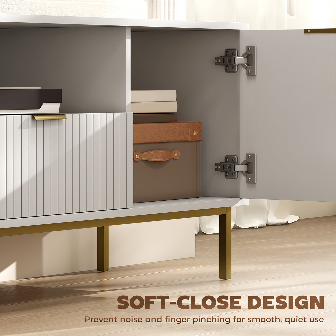 Modern TV Console for TVs up to 60 Inch, Entertainment Center with Smart RGB LED Lights and Soft Close Doors, White