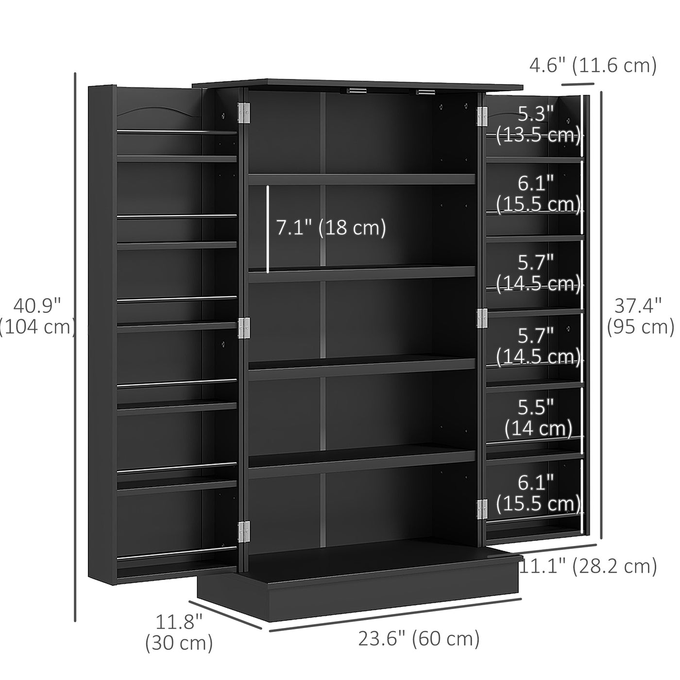 41" Kitchen Pantry Cabinet with 5-tier Shelving, 12 Spice Racks, Anti-Tipping, 2-Door Storage Cabinet with 3-Level Adjustable Shelves, Black