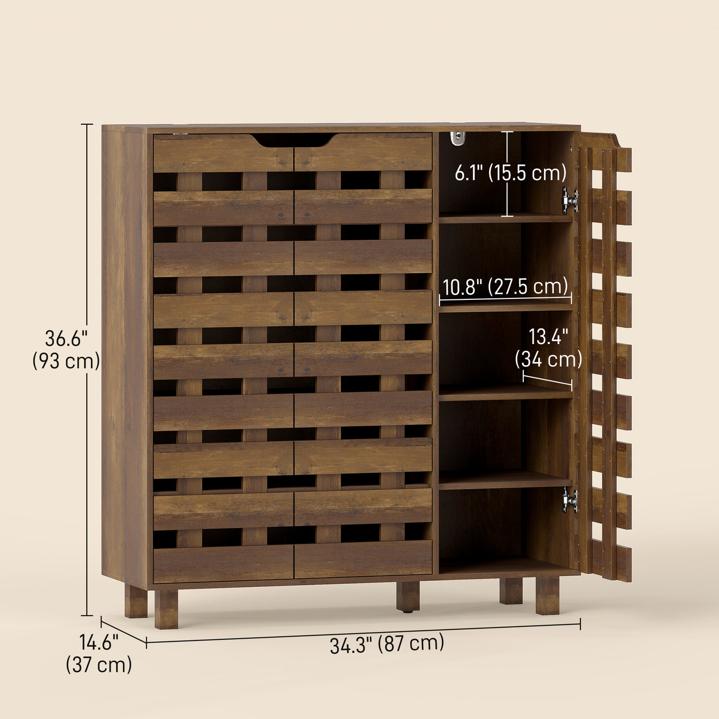 Shoe Cabinet, 20 Pair Shoe Storage Cabinet with Hollowed-Out Doors, Distressed Brown