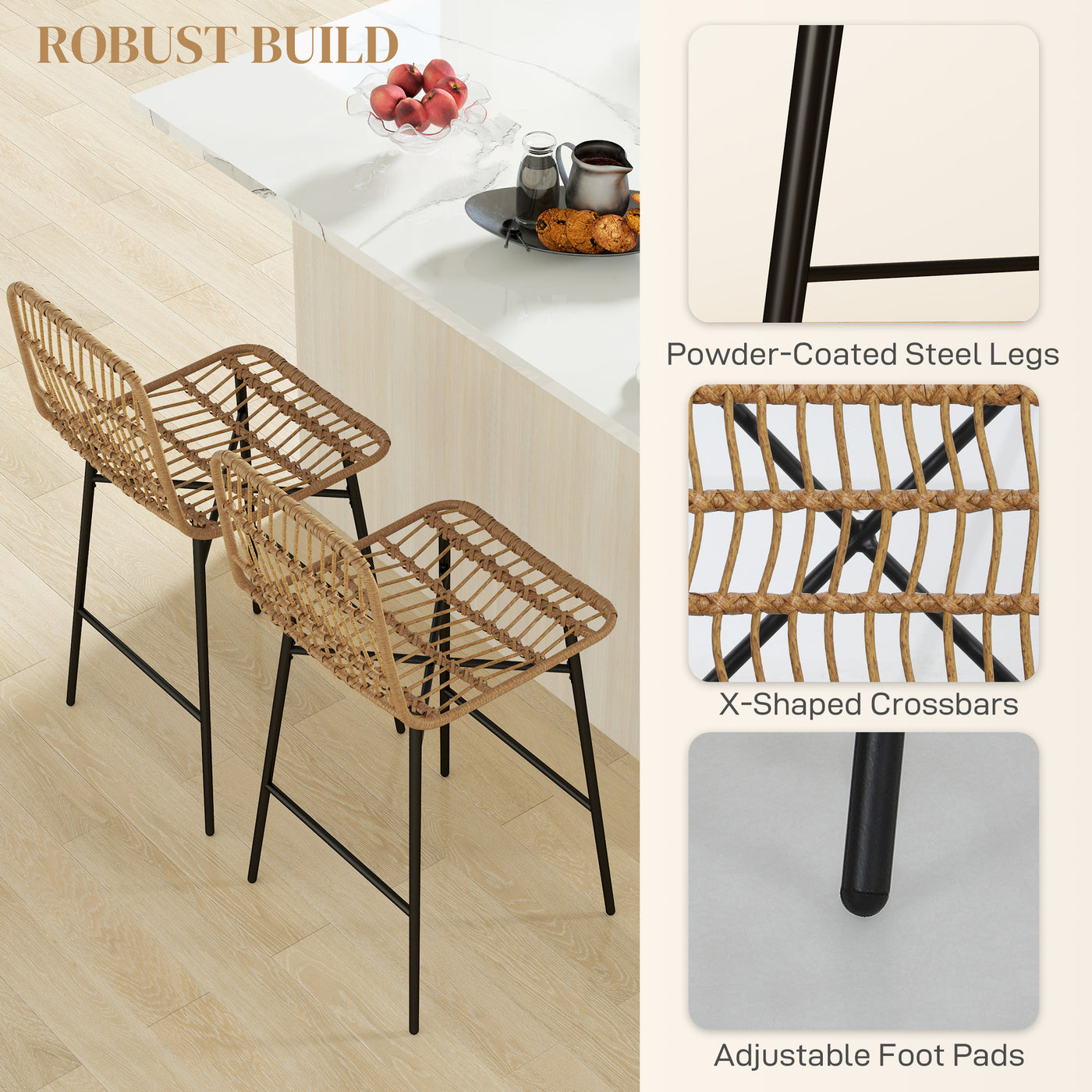 Rattan Counter Height Bar Stools Set of 2, 26" Counter Stools with Back, Modern Bar Chairs for Kitchen Island, Brown