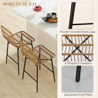 Rattan Counter Height Bar Stools Set of 2, 26" Counter Stools with Back, Modern Bar Chairs for Kitchen Island, Brown