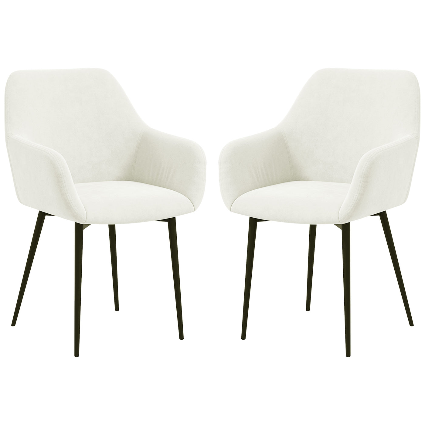 Dining Chairs Set of 2, Velvet-look Fabric Upholstered Kitchen Chairs with Backrest, Armrests and Steel Legs, Cream White