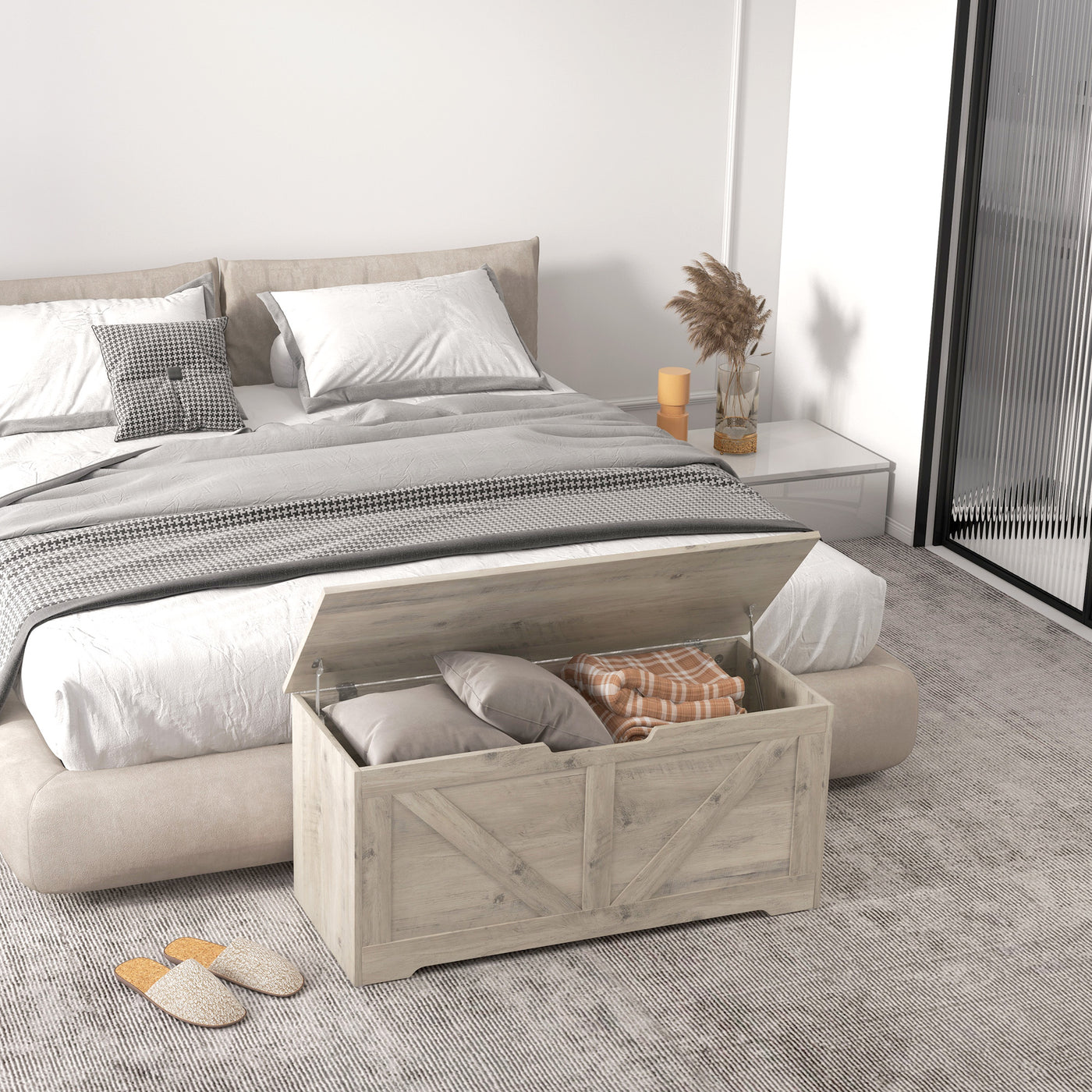 39.4 Inches Storage Chest, Storage Trunk with 2 Safety Hinges for Living Room, Grey Wood Grain