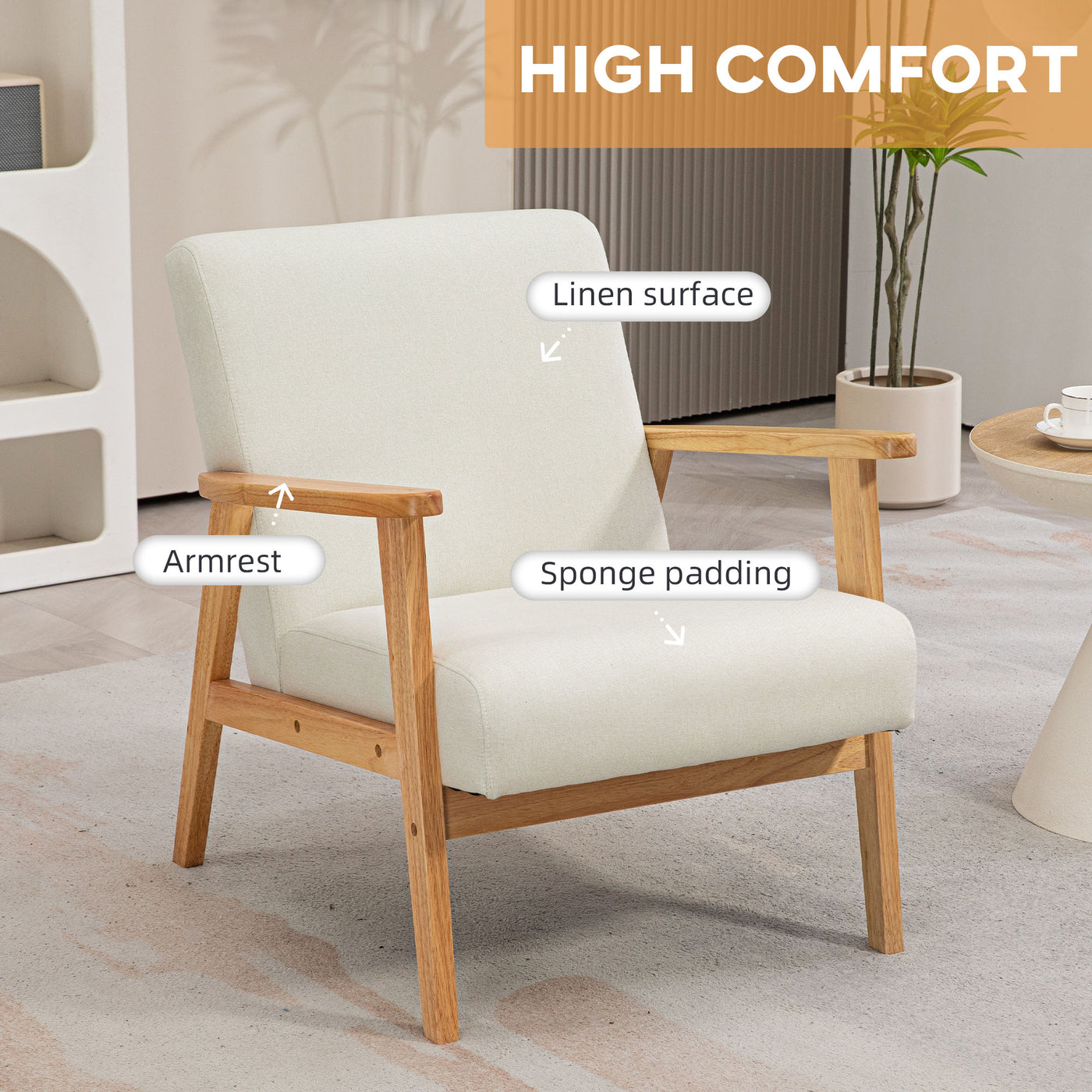 Mid-Century Modern Accent Chair Retro Fabric Armchair Wooden Arm Upholstered Lounge Chair for Living Room Cream White