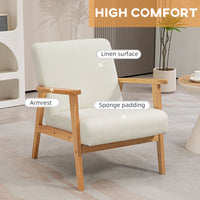 Mid-Century Modern Accent Chair Retro Fabric Armchair Wooden Arm Upholstered Lounge Chair for Living Room Cream White