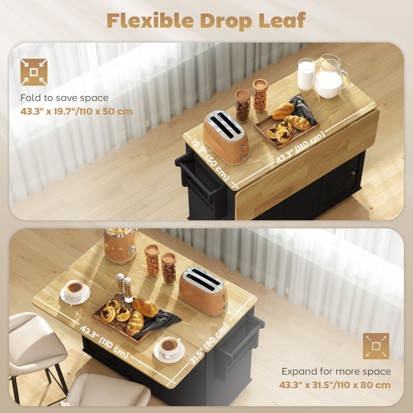 Kitchen Island Cart, Portable Kitchen Island Table with Charging Station, Rubber Wood Drop Leaf, Trash Storage, Black