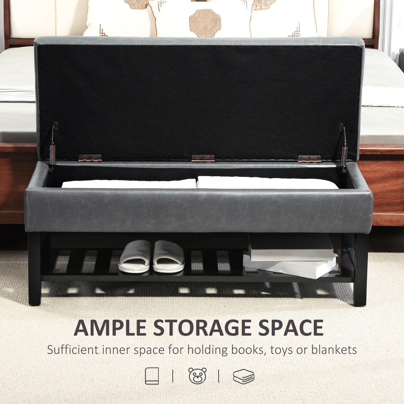 44" PU Leather Tufted Ottoman Shoe Bench Storage Chest Hallway Grey