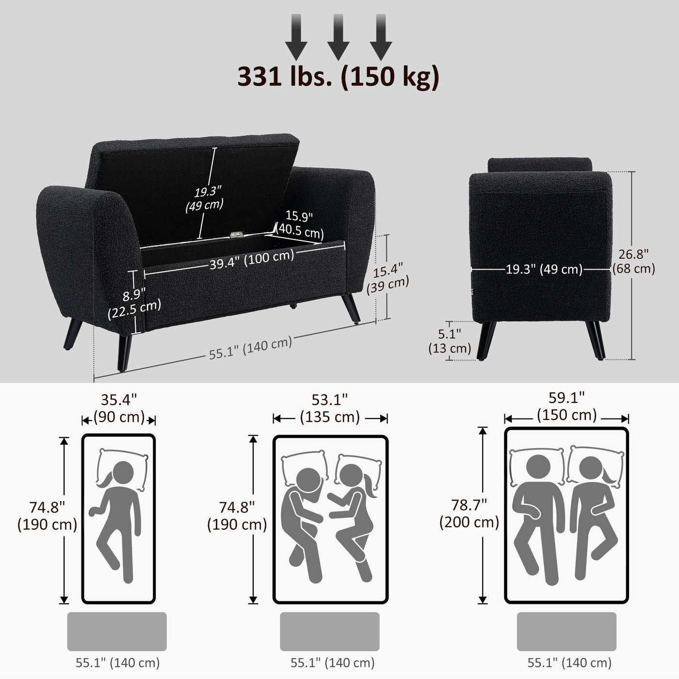 Upholstered Storage Bench with Arms, Modern Ottoman Bench for Bedroom, Entryway, and Living Room, Black
