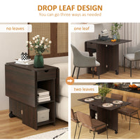 Folding Dining Table, Space Saving Drop Leaf Table with Drawer and Storage Shelves for Kitchen, Dining Room, Dark Brown