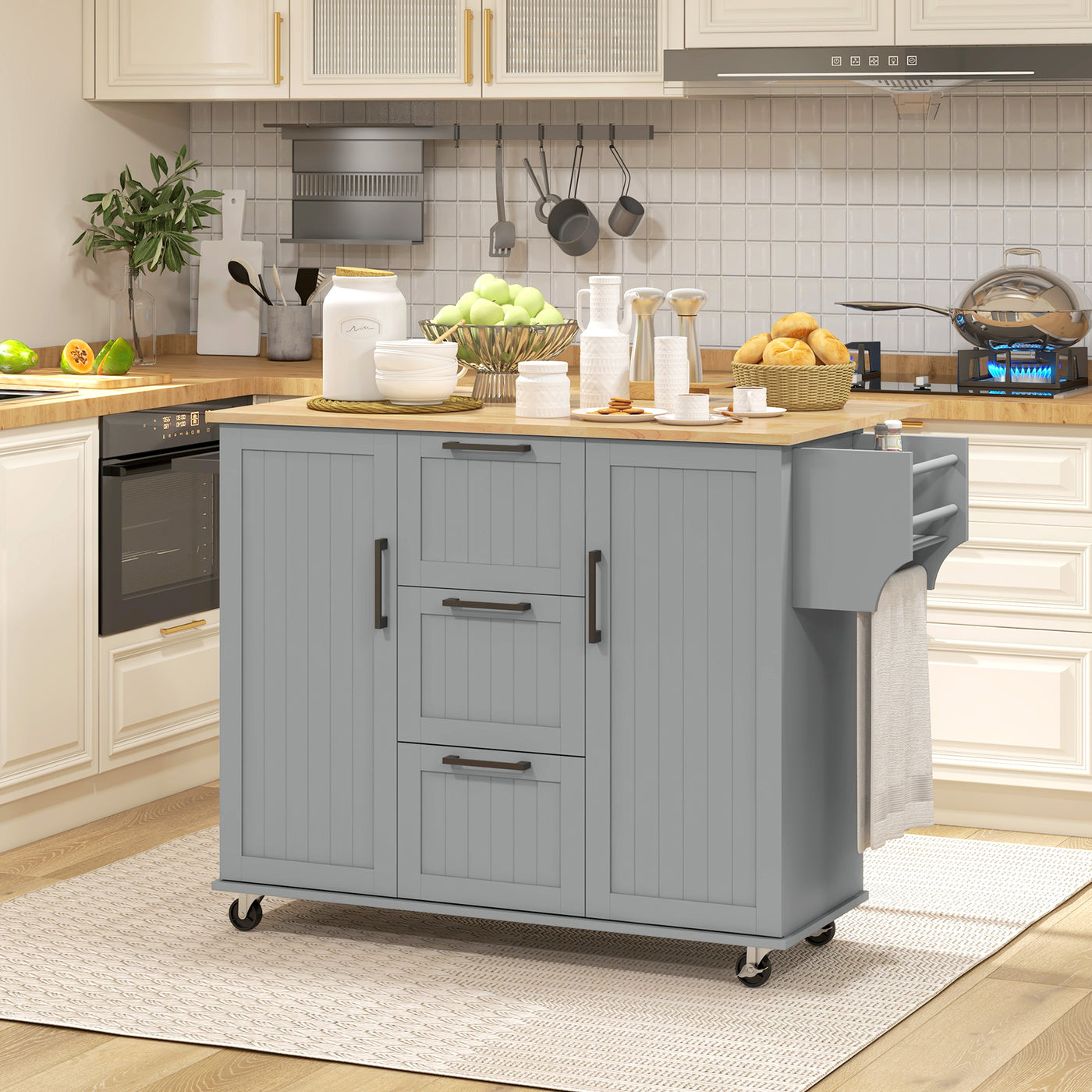 Rolling Kitchen Cart on Wheels with Drop Leaf, Kitchen Island with 3 Drawers, Solid Wood Top and Towel Rack, Grey