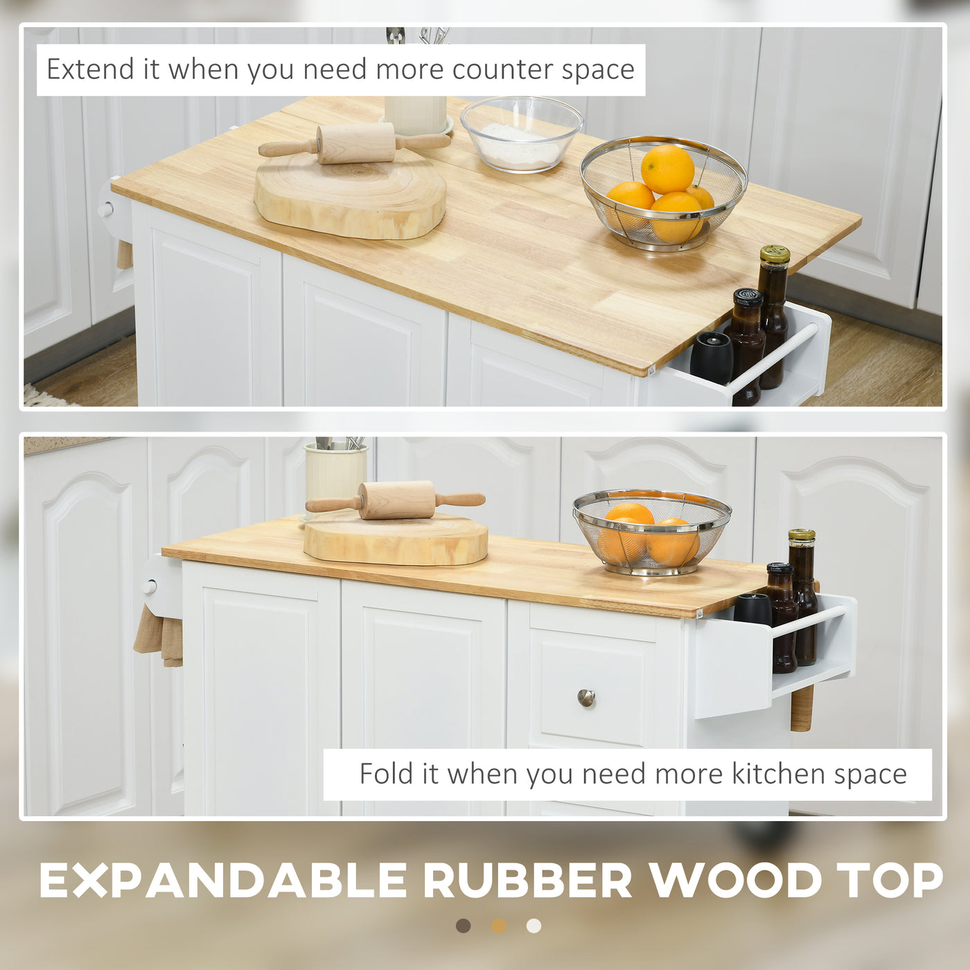 Kitchen Island on Wheels, Kitchen Cart with Drop Leaf, Drawers, Storage Racks, Rubberwood Top, White