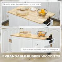 Kitchen Island on Wheels, Kitchen Cart with Drop Leaf, Drawers, Storage Racks, Rubberwood Top, White