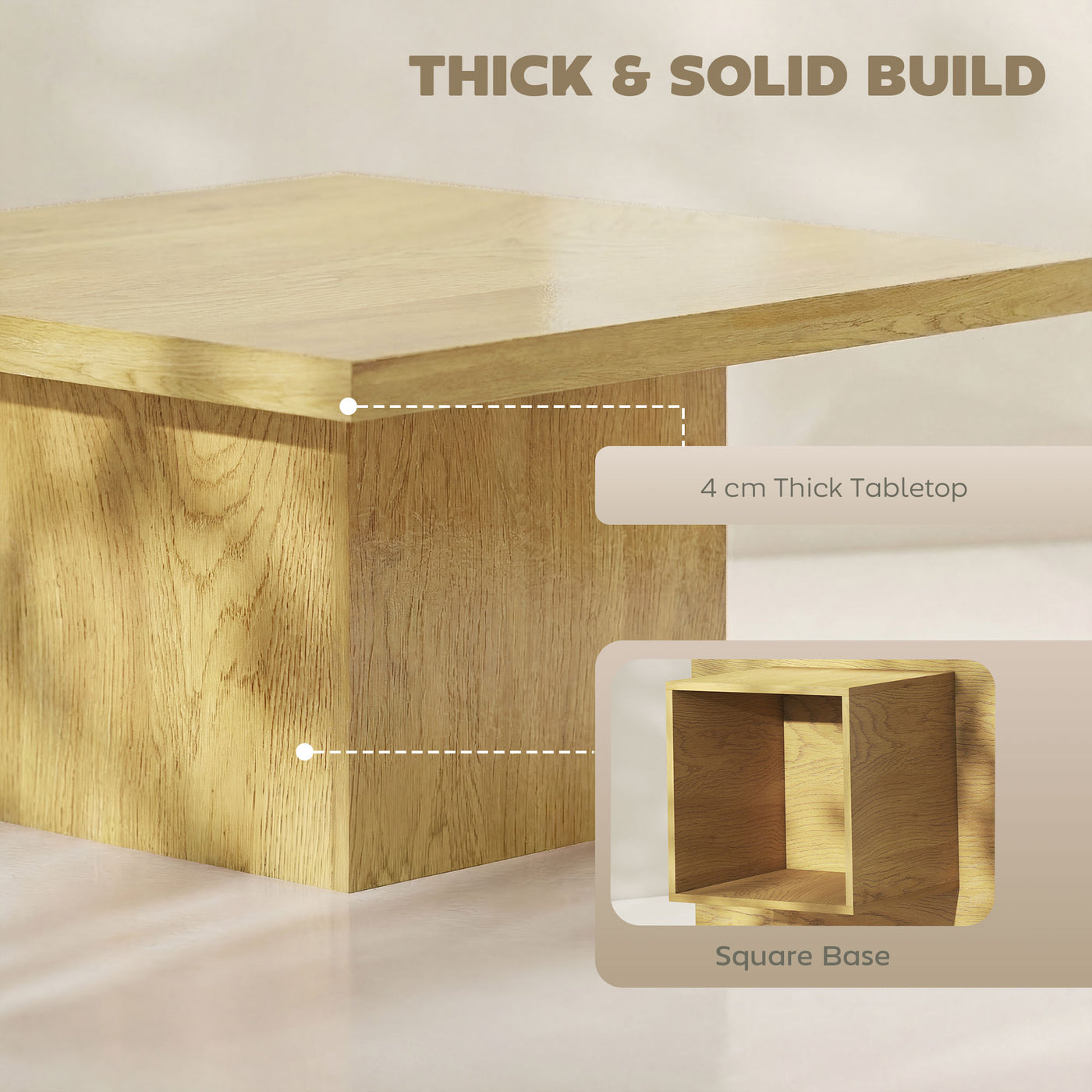 Square Coffee Table, Center Table with 1.6" Thick Tabletop, Natural Wood