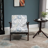 Mid-Century Modern Accent Chair Retro Fabric Armchair Wooden Arm Upholstered Lounge Chair for Living Room Floral