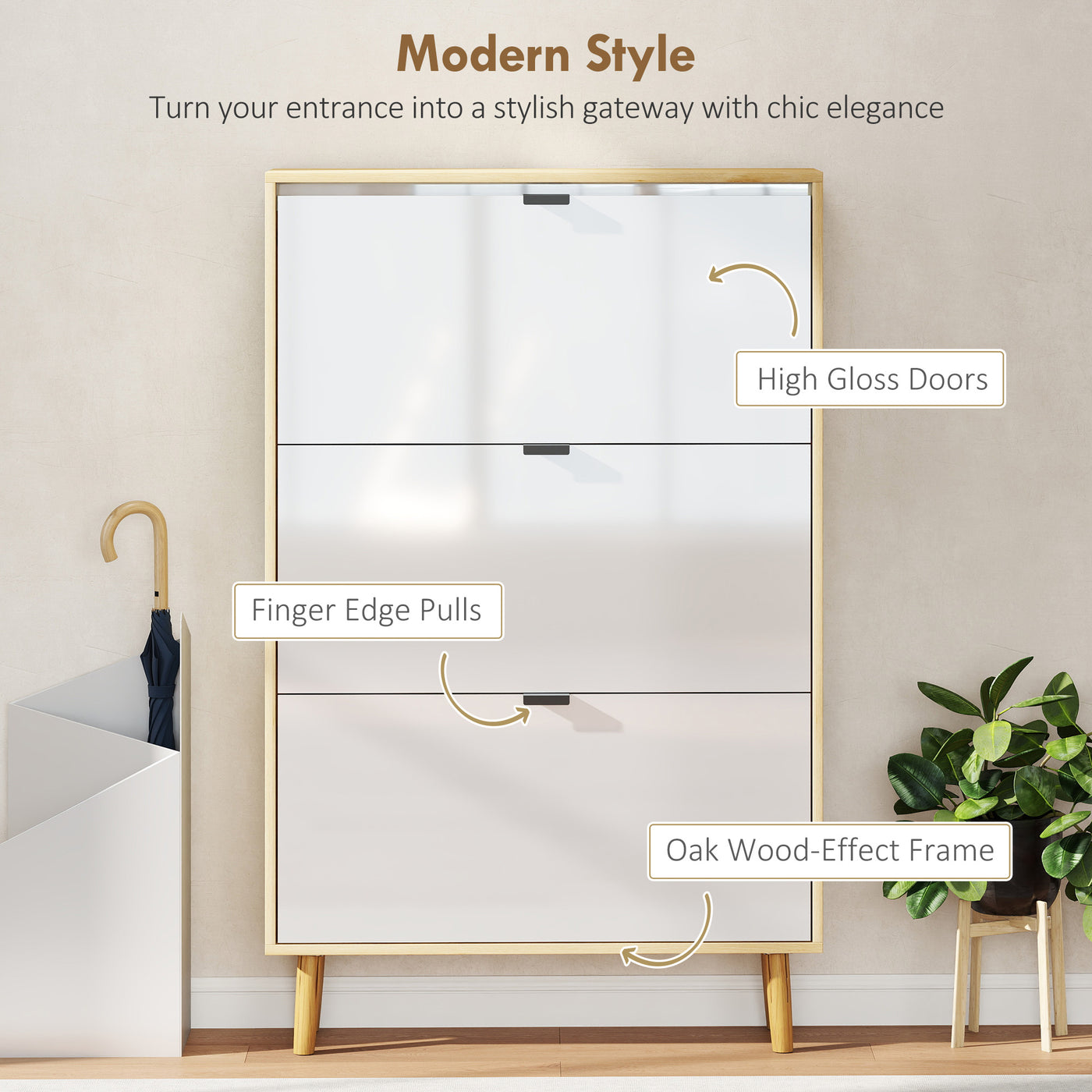 Narrow Shoe Cabinet, High Gloss Shoe Storage Cabinet with 3 Flip Drawers and Adjustable Shelves, Holds 24 Pairs, White