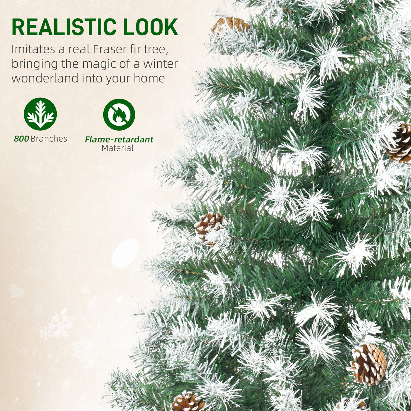 6ft Snow Flocked Artificial Christmas Tree, Unlit Full Fir Tree with Automatic Open, 800 Realistic Branches and 61 Pine Cones
