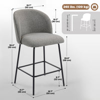Set of 2 Counter Height Barstools, Upholstered Linen Bar Stools with Backrest, Footrest and Steel Legs, Dark Grey