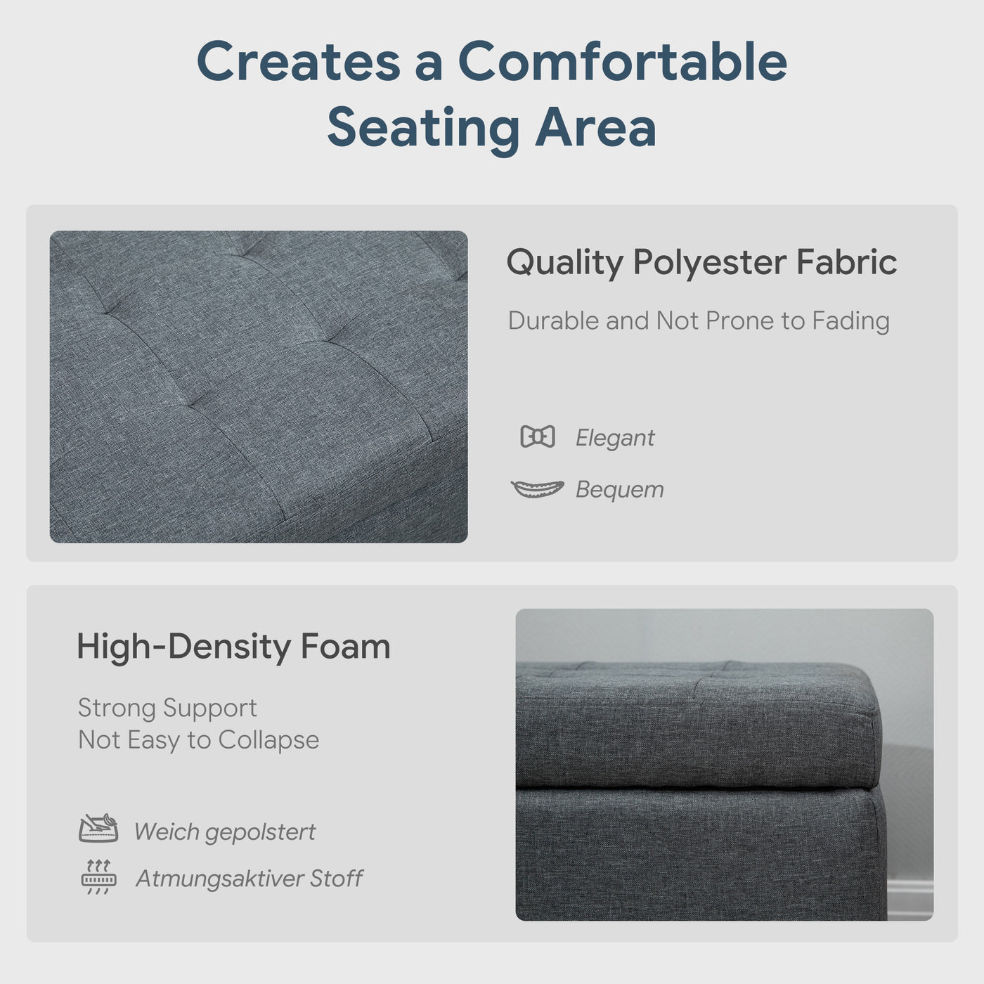 Rectangular Entry Bench, Tufted Upholstered Linen Fabric Wood Feet Storage Ottoman Bench, Grey