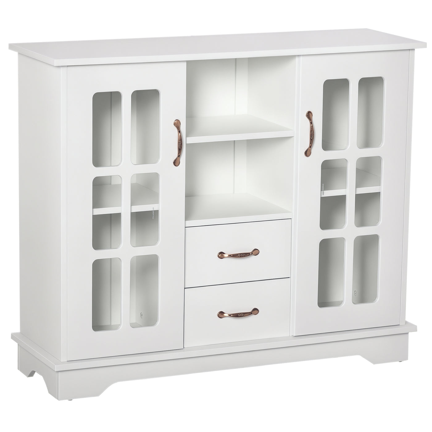 Modern Kitchen Sideboard with 2 Drawers, Coffee Bar Cabinet with Glass Doors Storage Cupboard and Open Shelf, White