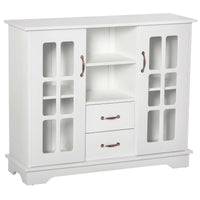 Modern Kitchen Sideboard with 2 Drawers, Coffee Bar Cabinet with Glass Doors Storage Cupboard and Open Shelf, White