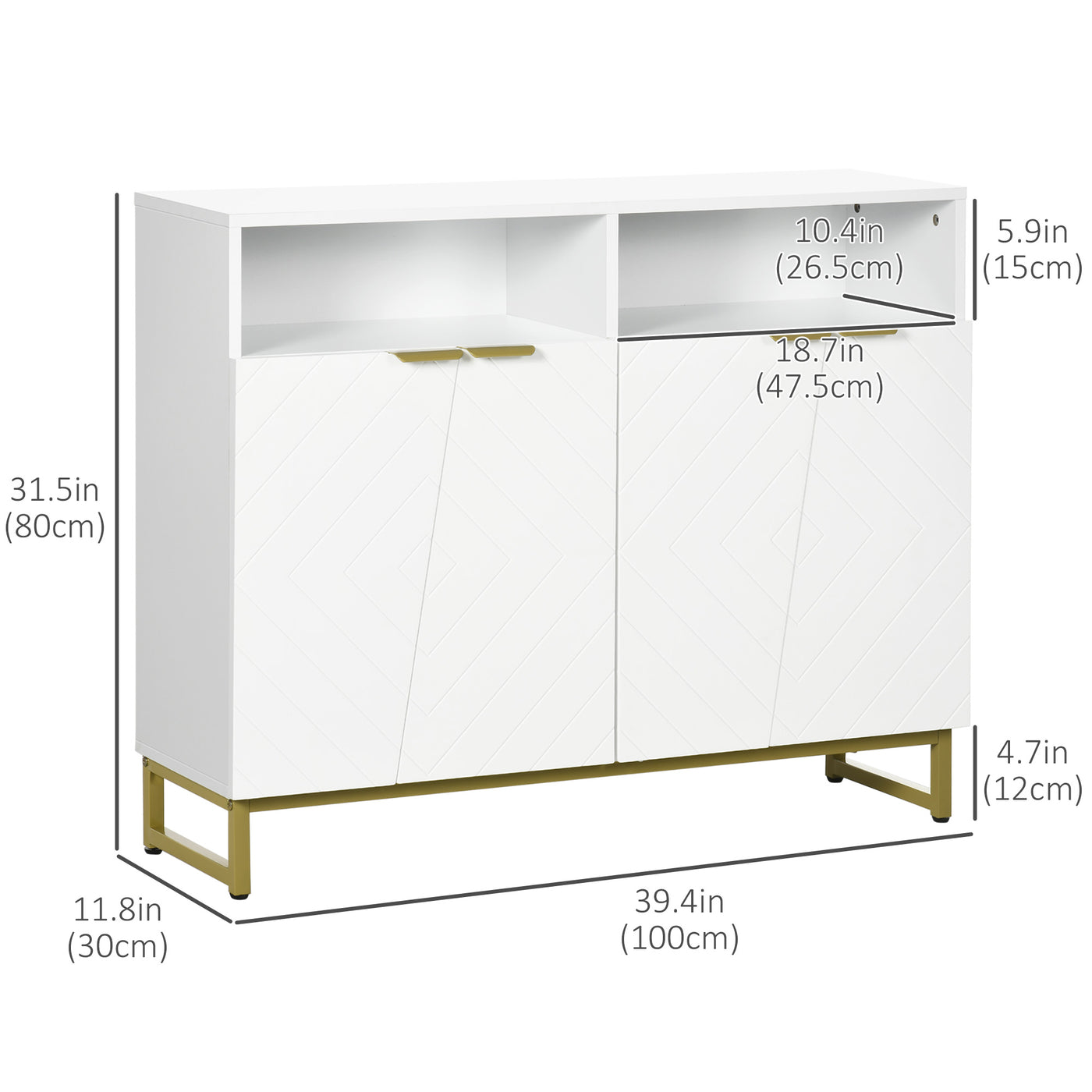 Accent Sideboards, Kitchen Storage Cabinet with 4 Doors, Adjustable Shelves, Metal Base for Living Room, Hallway, White