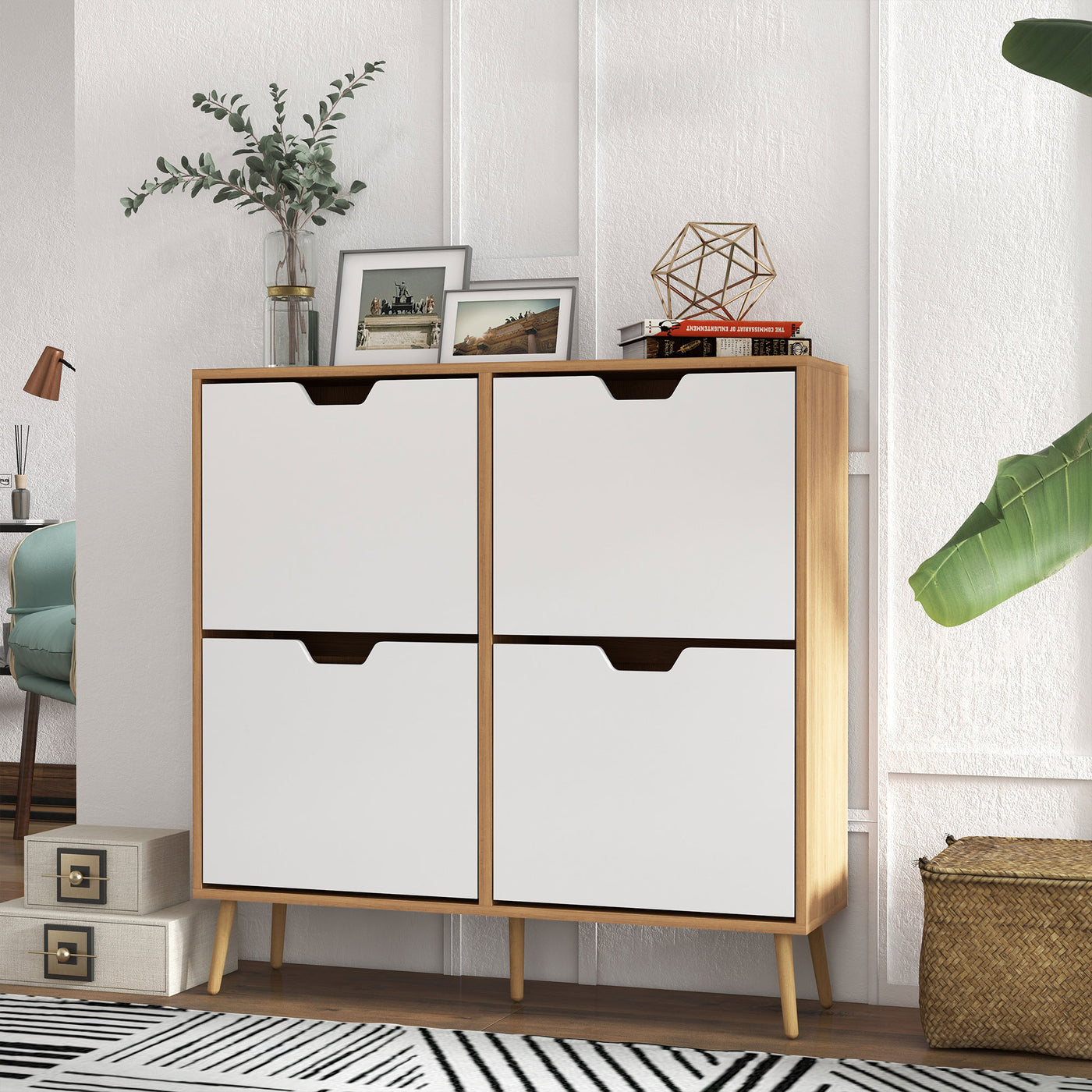 Shoe Storage Cabinet with 4 Flip Drawers and Adjustable Shelf, Shoe Cabinet for 8-16 Pairs of Shoes, Natural