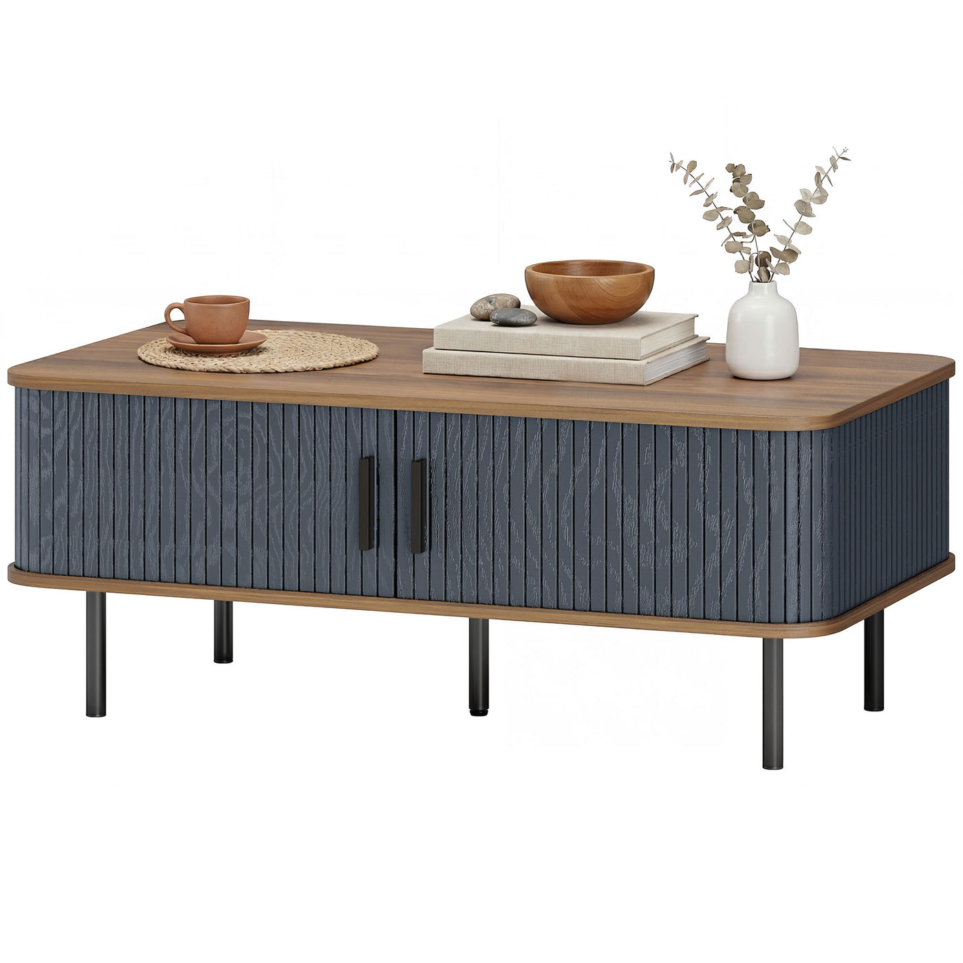 Nordic Side Table with Fluted Tambour Sliding Doors and Steel Legs, Coffee Table with Storage for Living Room, Black