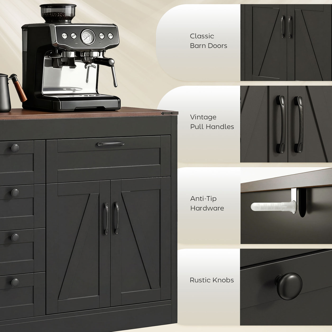 Sideboard Buffet Cabinet, 55" Farmhouse Kitchen Cabinet with 4 Barn Doors, 6 Drawers and 2 Adjustable Shelves, Black