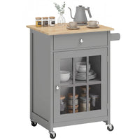 Rolling Kitchen Cart with Drawer and Glass Door Cabinet, Kitchen Island on Wheels with Towel Rack, Dark Grey