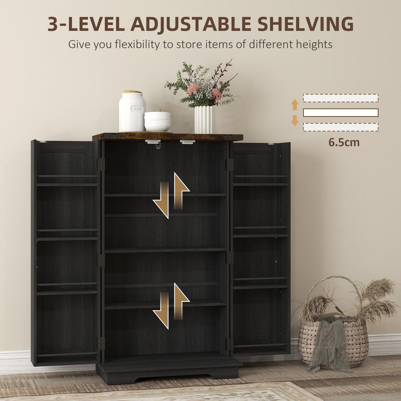 Farmhouse Kitchen Pantry Storage Cabinet, Kitchen Pantry Cabinet with Doors and Adjustable Shelves, Black