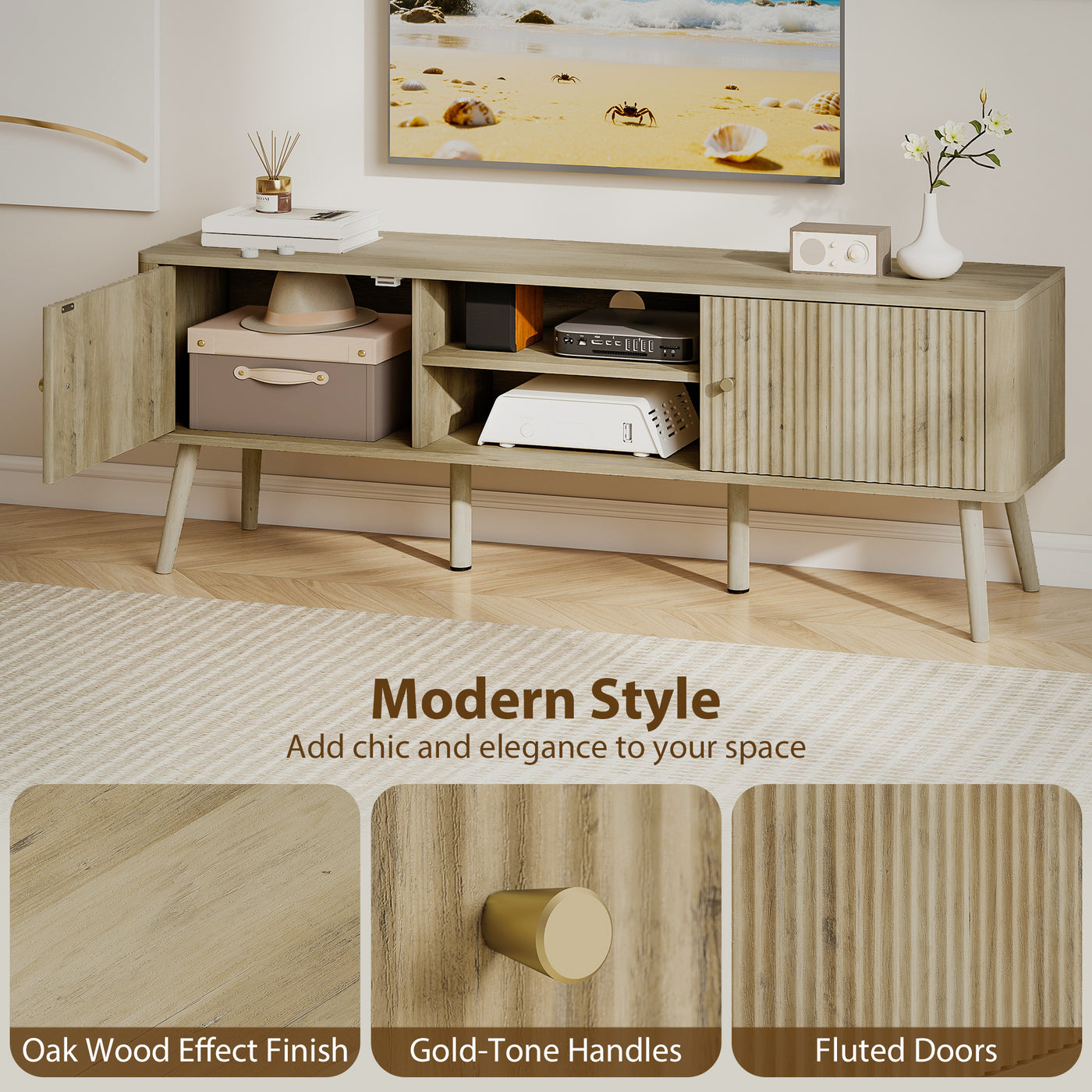 TV Stand for 65 Inch Television, Entertainment Center with Adjustable Shelves and Pine Wood Legs for Living Room, Oak