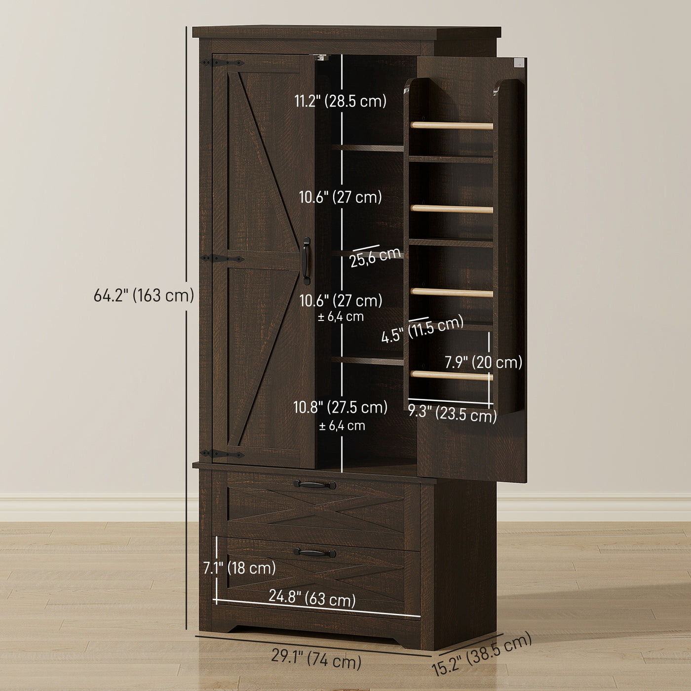 Farmhouse Kitchen Pantry Storage Cabinet, 64" Freestanding Kitchen Pantry Cabinet with Drawers, Distressed Dark Brown