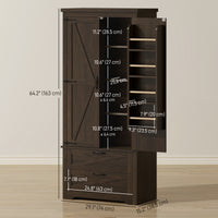 Farmhouse Kitchen Pantry Storage Cabinet, 64" Freestanding Kitchen Pantry Cabinet with Drawers, Distressed Dark Brown