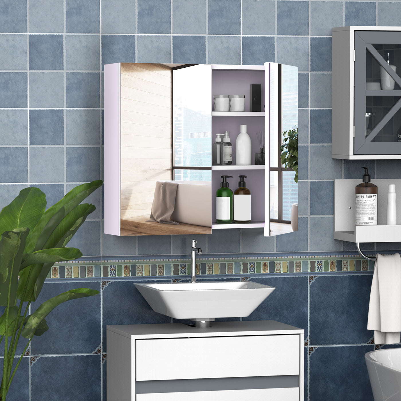 Wall Mount Mirrored Medicine Cabinet, Bathroom Mirror Cabinet with Adjustable Shelf, Double Soft Closing Doors, Light Lilac