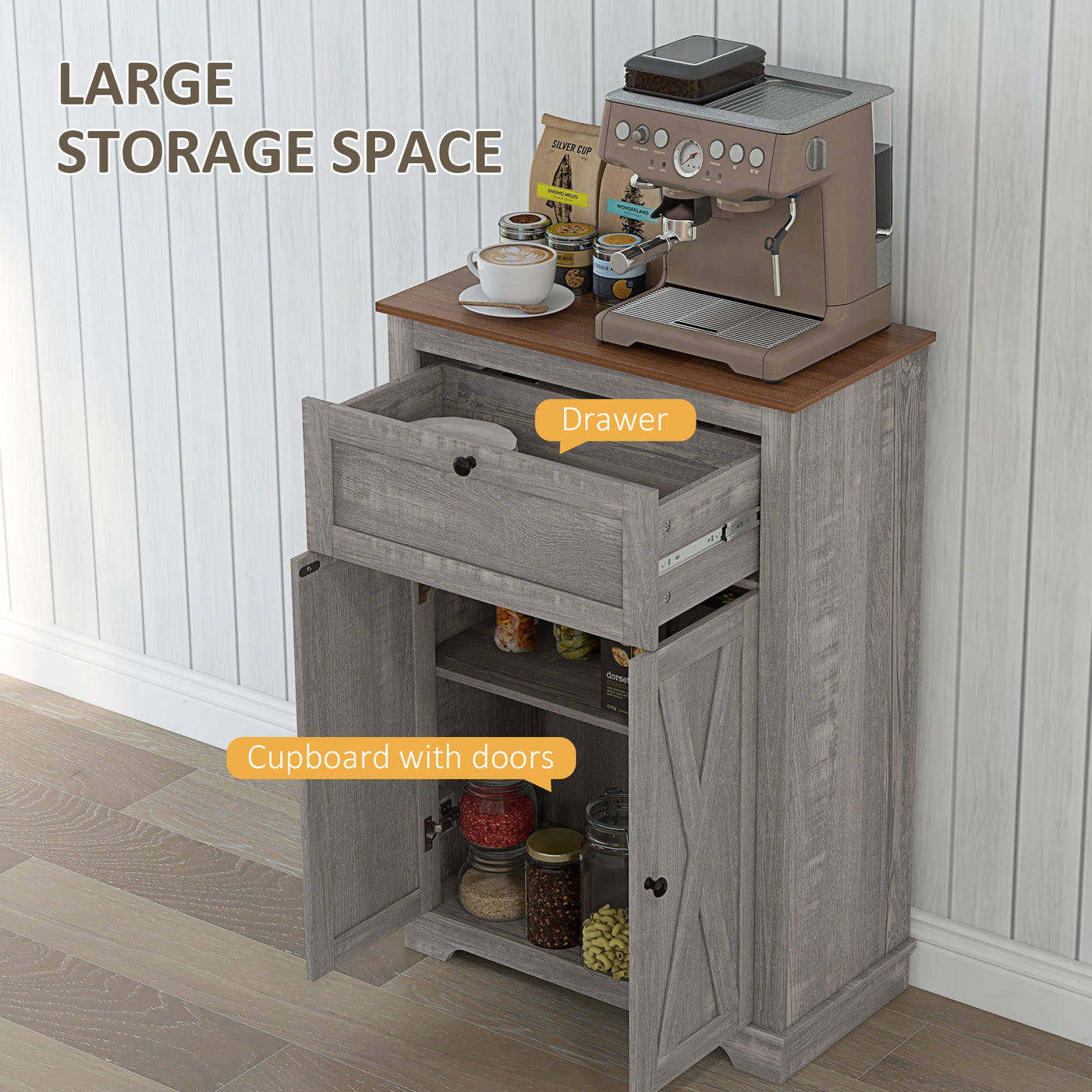 Storage Cabinet Farmhouse Sideboard Storage Cabinet with Doors and Drawer for Kitchen, Living Room, Grey Wash