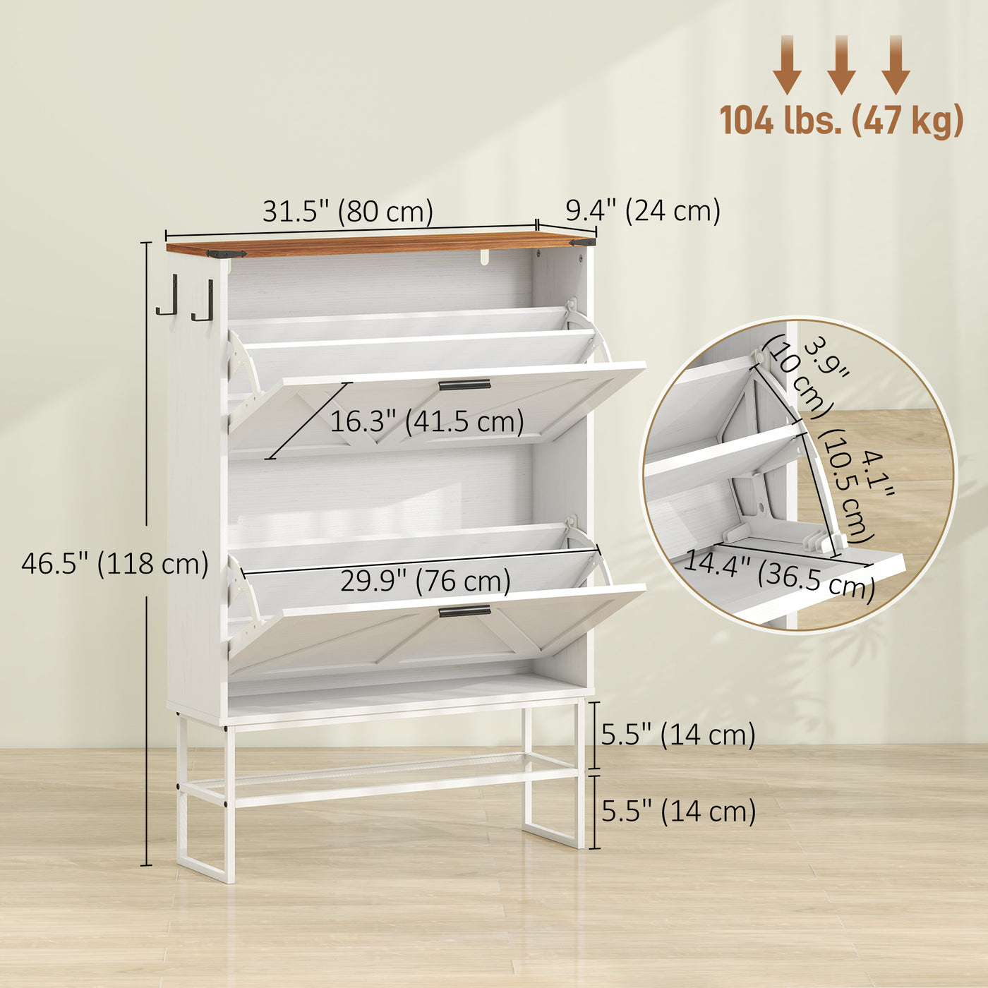 Narrow Shoe Storage Cabinet with 2 Flip Drawers, Slim Shoe Cabinet for 15-20 Pairs, White Wood Grain