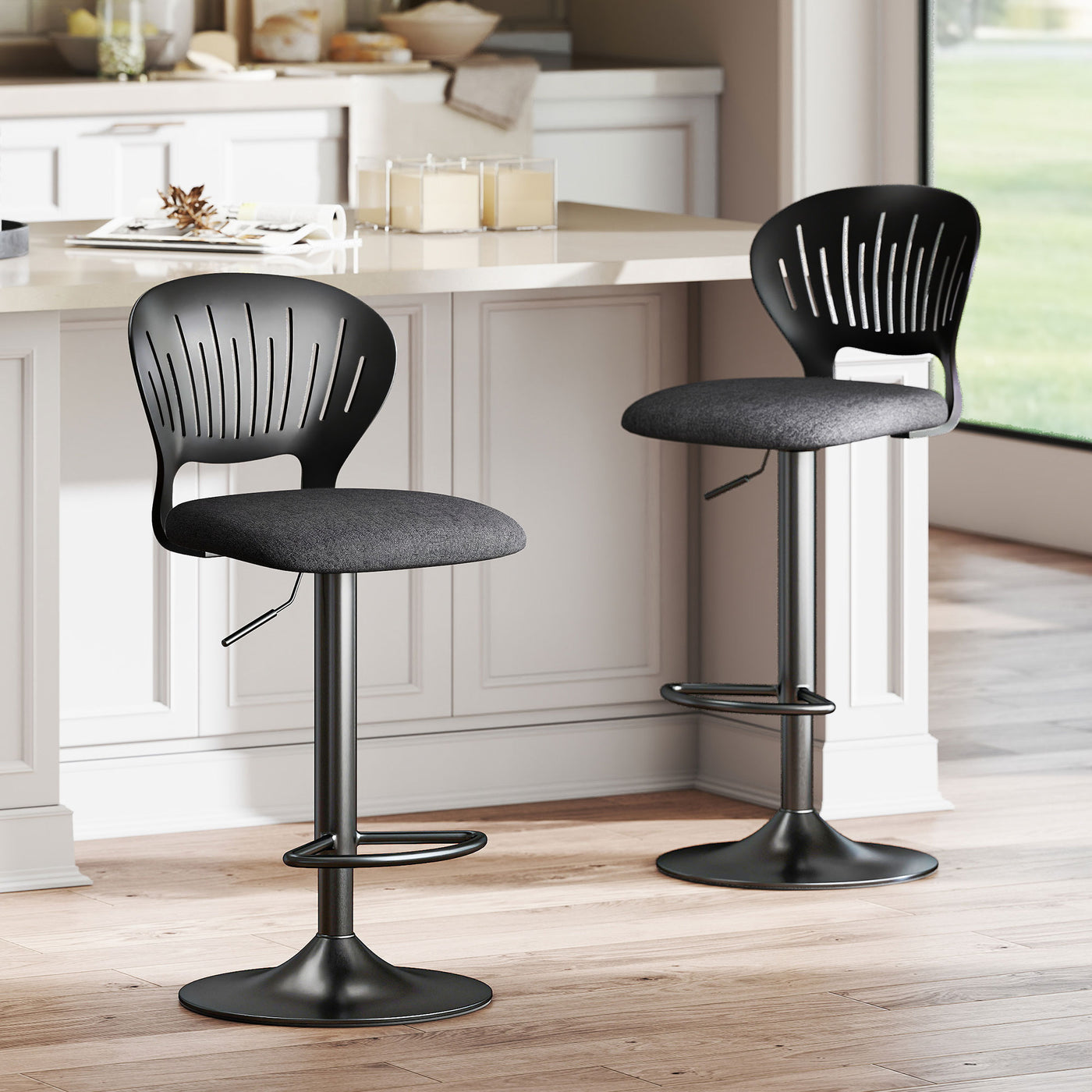 Bar Stools Set of 2, Modern Swivel Counter Height Barstools with Footrest and Hollow Backrest, Black